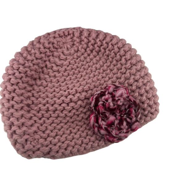 Inverni Italy Cashmere Wool Beanie Pink and Maroon Rosette Rose Crochet Knit Hat